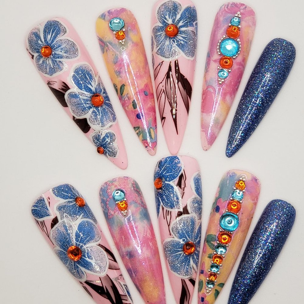 XXL Stiletto Gel Press on Nails " Reflective Flowers "